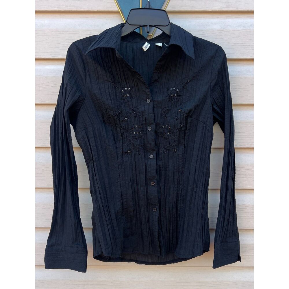 St Johns Bay Black Button Front Floral Blouse Crinkle Embroidered Large